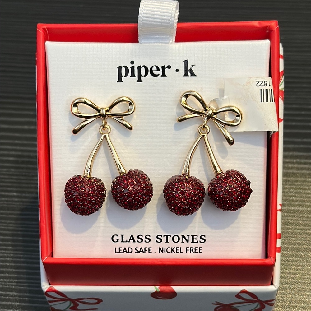 Piper K Cherry Earrings with Gold Bow